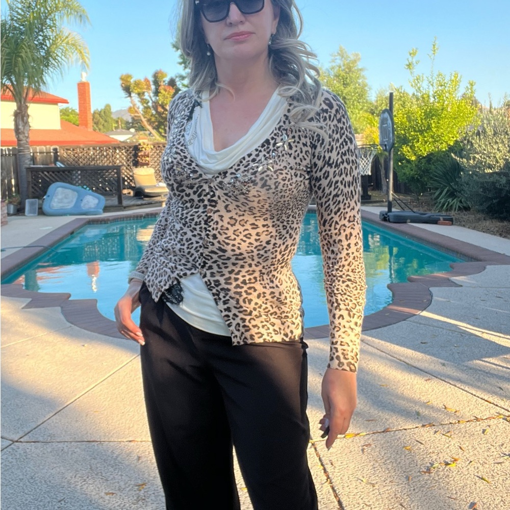 Vertigo Paris Black Tan Leopard Beaded Fitted Long Sleeve Button Up Sweater Top